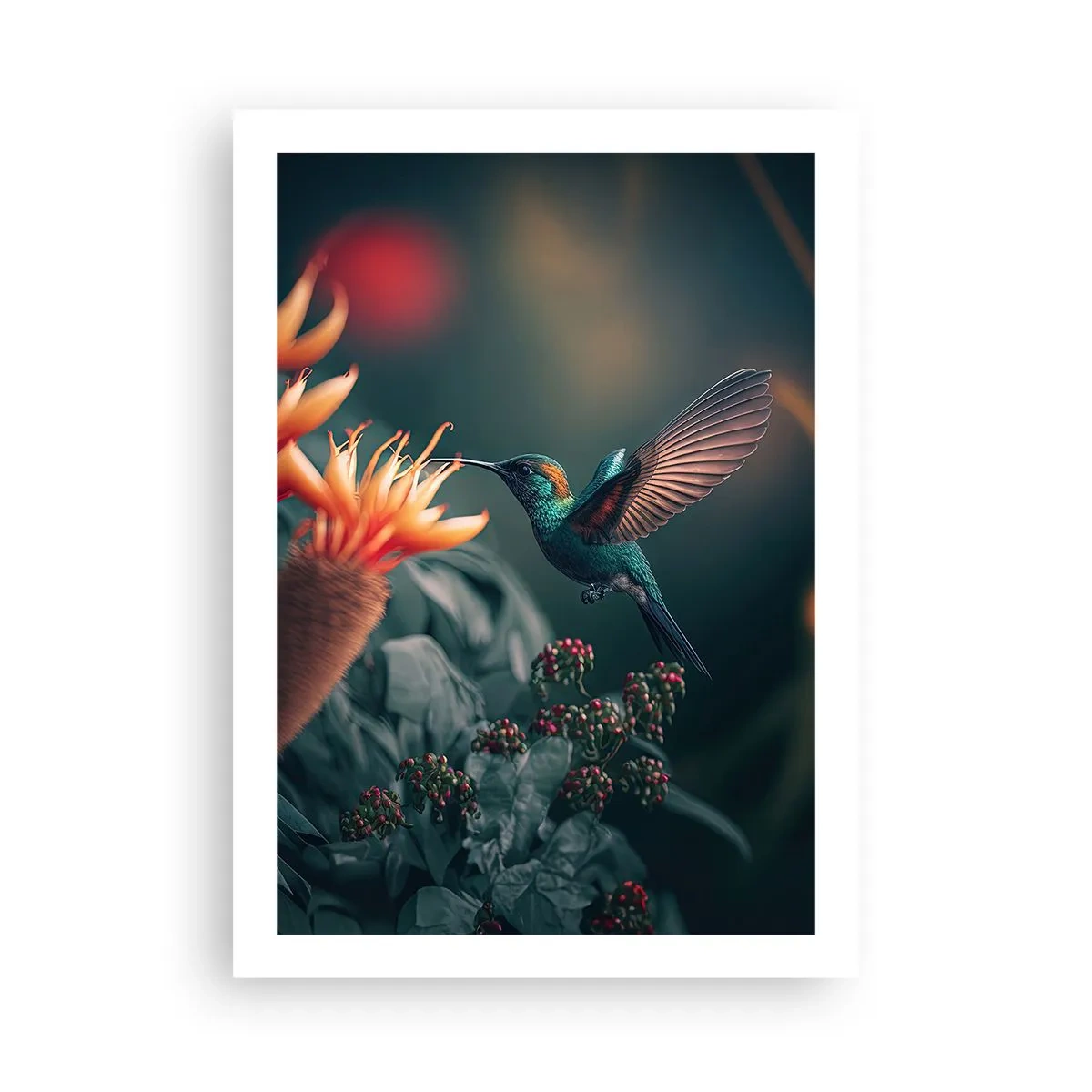 Poster - Ein bunter Kolibri in der Nähe von Blumen im Grünen - 50x70cm - Wirklich buntes Leben - Moderne Wanddekoration für Wohnzimmer und Schlafzimmer ARTTOR