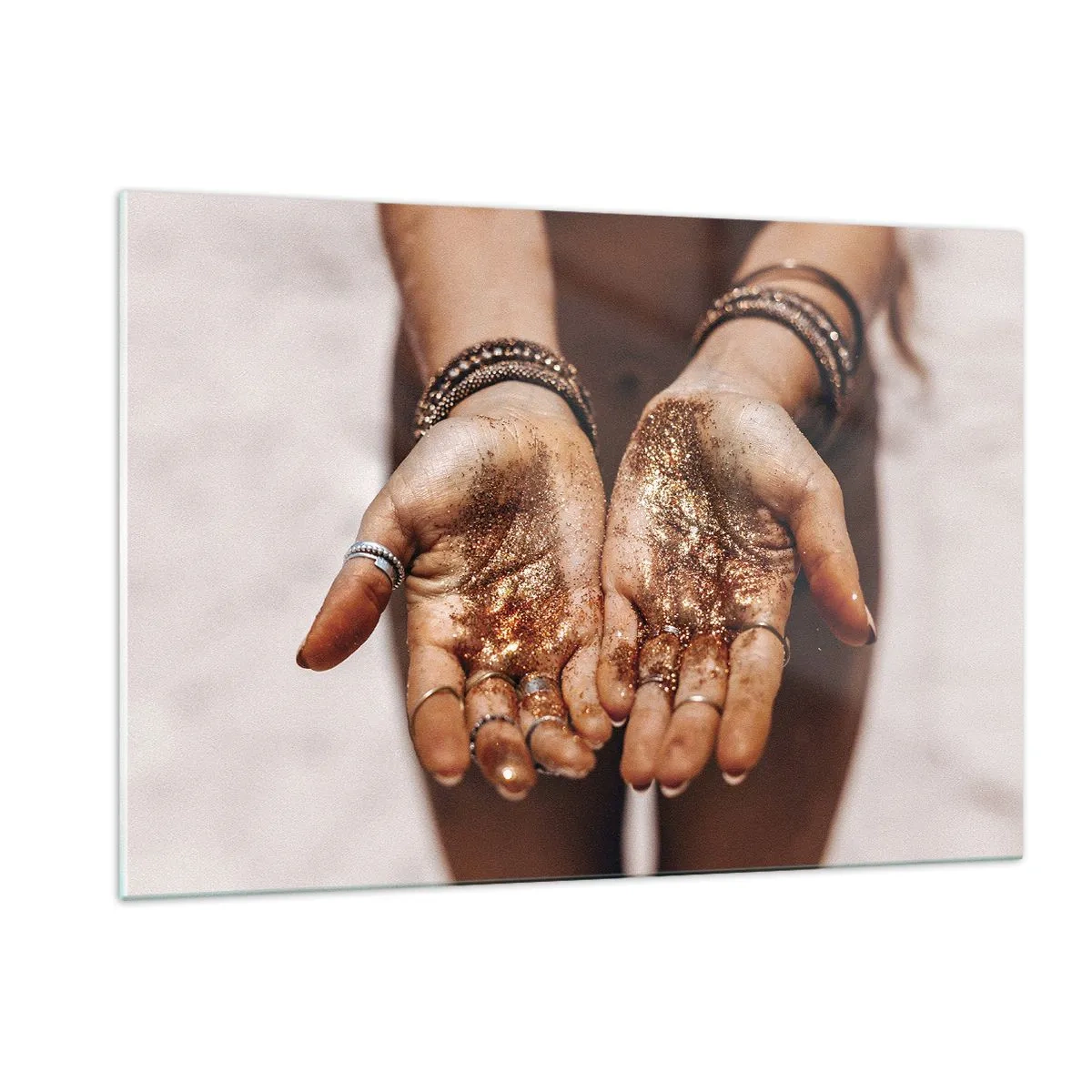 Glasbild - Bild auf glas - Offene Hände mit Glitzer in warmem Licht - 120x80cm - Ein Geschenk für dich - Moderne Wanddekoration für Wohnzimmer und Schlafzimmer ARTTOR