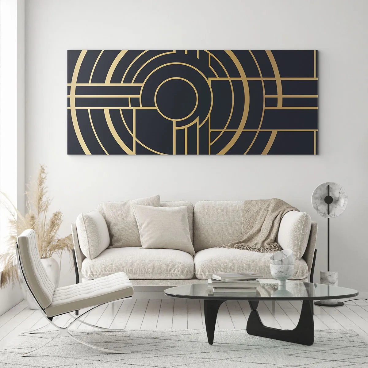 Glasbild - Bild auf glas - Geometrisches Muster mit goldenen Linien - 120x50cm - Wendungen der Dinge - Moderne Wanddekoration für Wohnzimmer und Schlafzimmer ARTTOR