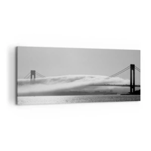 Bild auf Leinwand - Leinwandbild - Eine Brücke über Wasser, eingehüllt in Nebel in einer Schwarz-Weiß-Aufnahme - 120x50cm - Segeln durch das Goldene Tor - Moderne Wanddekoration für Wohnzimmer und Schlafzimmer ARTTOR