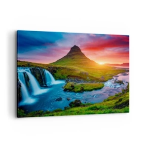 Bild auf Leinwand - Leinwandbild - Malerischer Wasserfall und Berg bei Sonnenuntergang - 100x70cm - Island - Feuer und Wasser - Moderne Wanddekoration für Wohnzimmer und Schlafzimmer ARTTOR