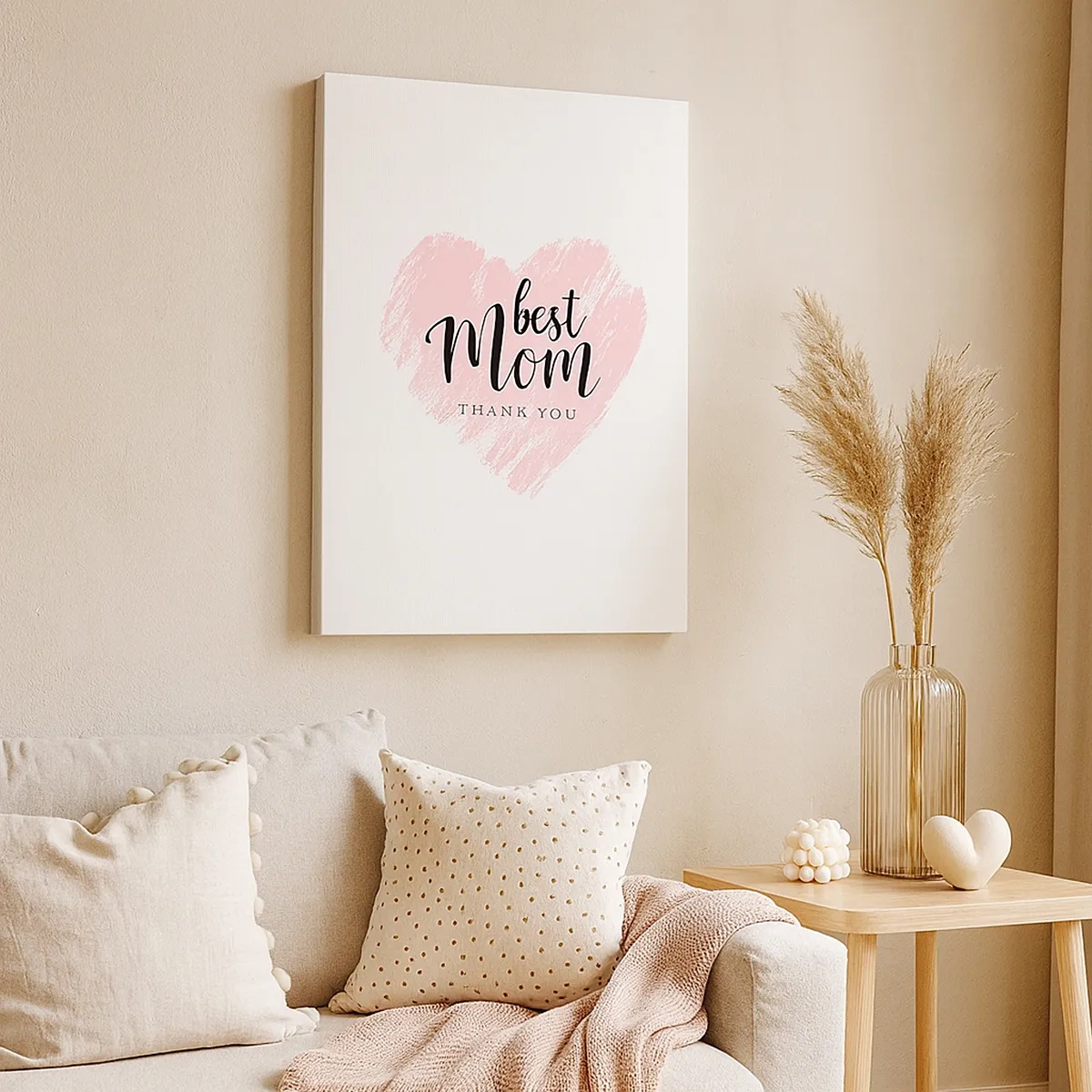Bild auf Leinwand - Leinwandbild - Rosa Herz mit der Aufschrift „Best Mom Thank You“ auf weißem Hintergrund - 50x70cm - Immer der richtige Moment - Moderne Wanddekoration für Wohnzimmer und Schlafzimmer ARTTOR