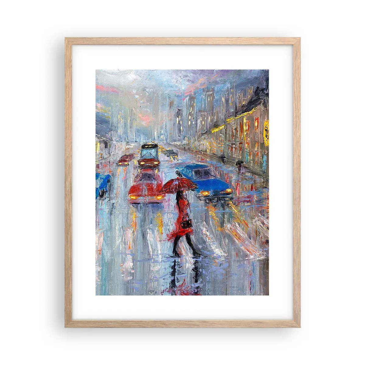 Poster in einem Rahmen aus heller Eiche - Regnerischer Nachmittag in der Stadt - 40x50 cm