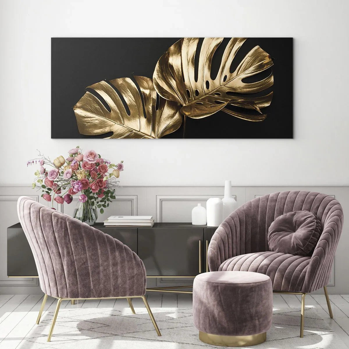 Glasbild - Bild auf glas - Goldene Monstera-Blätter auf schwarzem Hintergrund - 160x50cm - Die Schätze der Natur - Moderne Wanddekoration für Wohnzimmer und Schlafzimmer ARTTOR