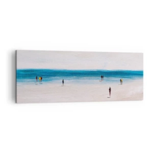 Bild auf Leinwand - Leinwandbild - Ein Strand mit Menschen vor der Kulisse eines ruhigen Meeres - 140x50cm - Natürliches Bedürfnis - Moderne Wanddekoration für Wohnzimmer und Schlafzimmer ARTTOR