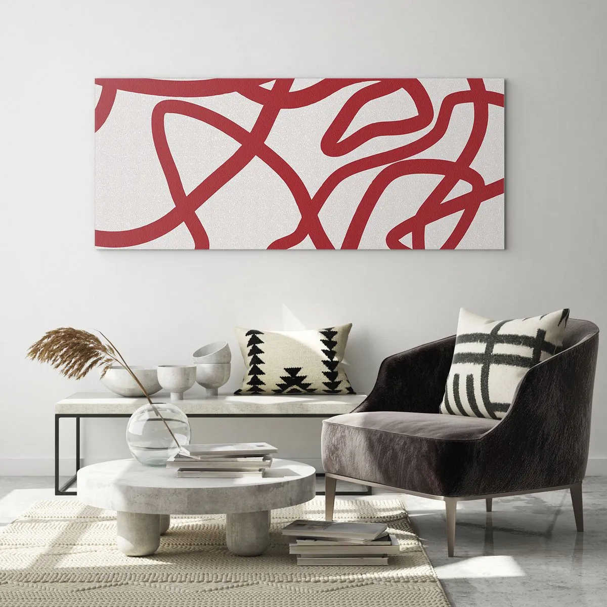 Glasbild - Bild auf glas - Rote abstrakte Linien auf weißem Hintergrund - 160x50cm - Rot auf Weiß - Moderne Wanddekoration für Wohnzimmer und Schlafzimmer ARTTOR