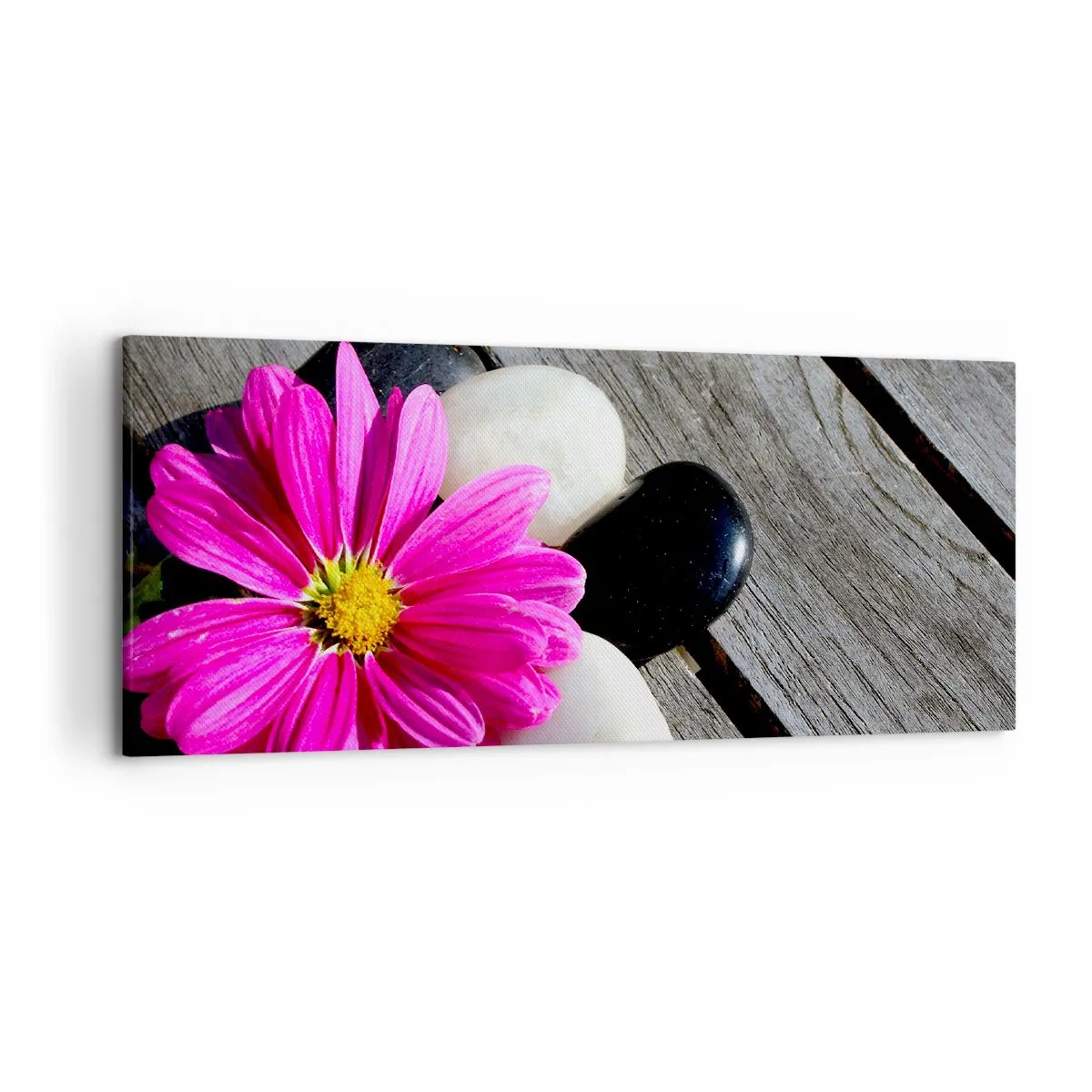 Bild auf Leinwand - Leinwandbild - Rosa Blume auf einem Hintergrund aus Holzbrettern mit Steinen - 120x50cm - Ruhe auf dem Pier - Moderne Wanddekoration für Wohnzimmer und Schlafzimmer ARTTOR