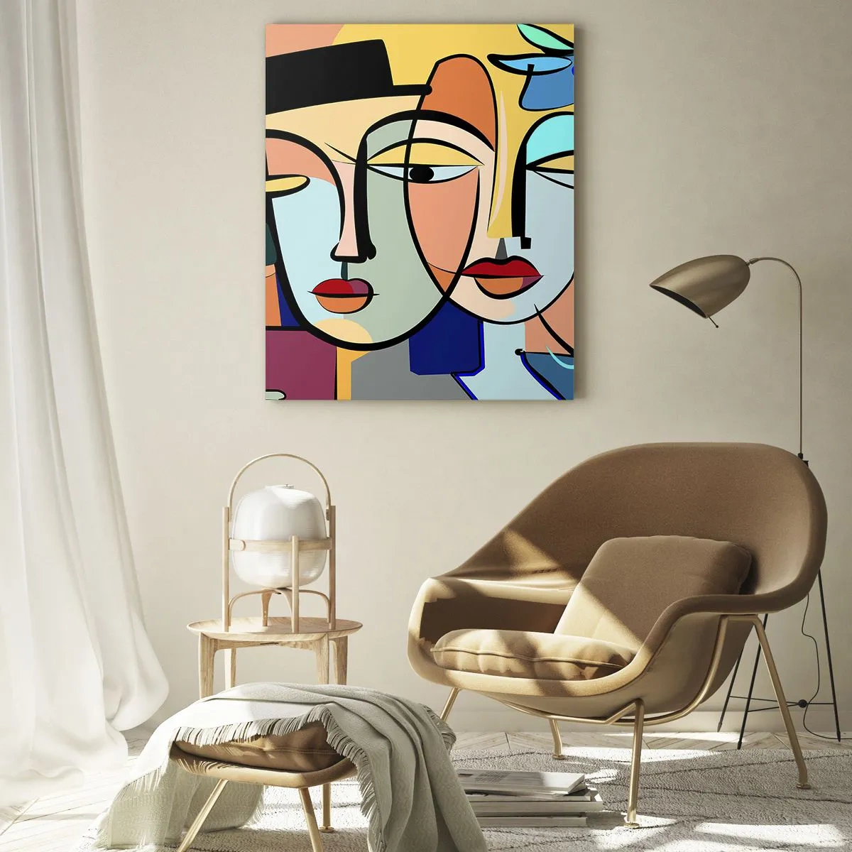 Glasbild - Bild auf glas - Bunte Gesichter im kubistischen Stil mit Blumen - 50x70cm - Picassos randez vous - Moderne Wanddekoration für Wohnzimmer und Schlafzimmer ARTTOR