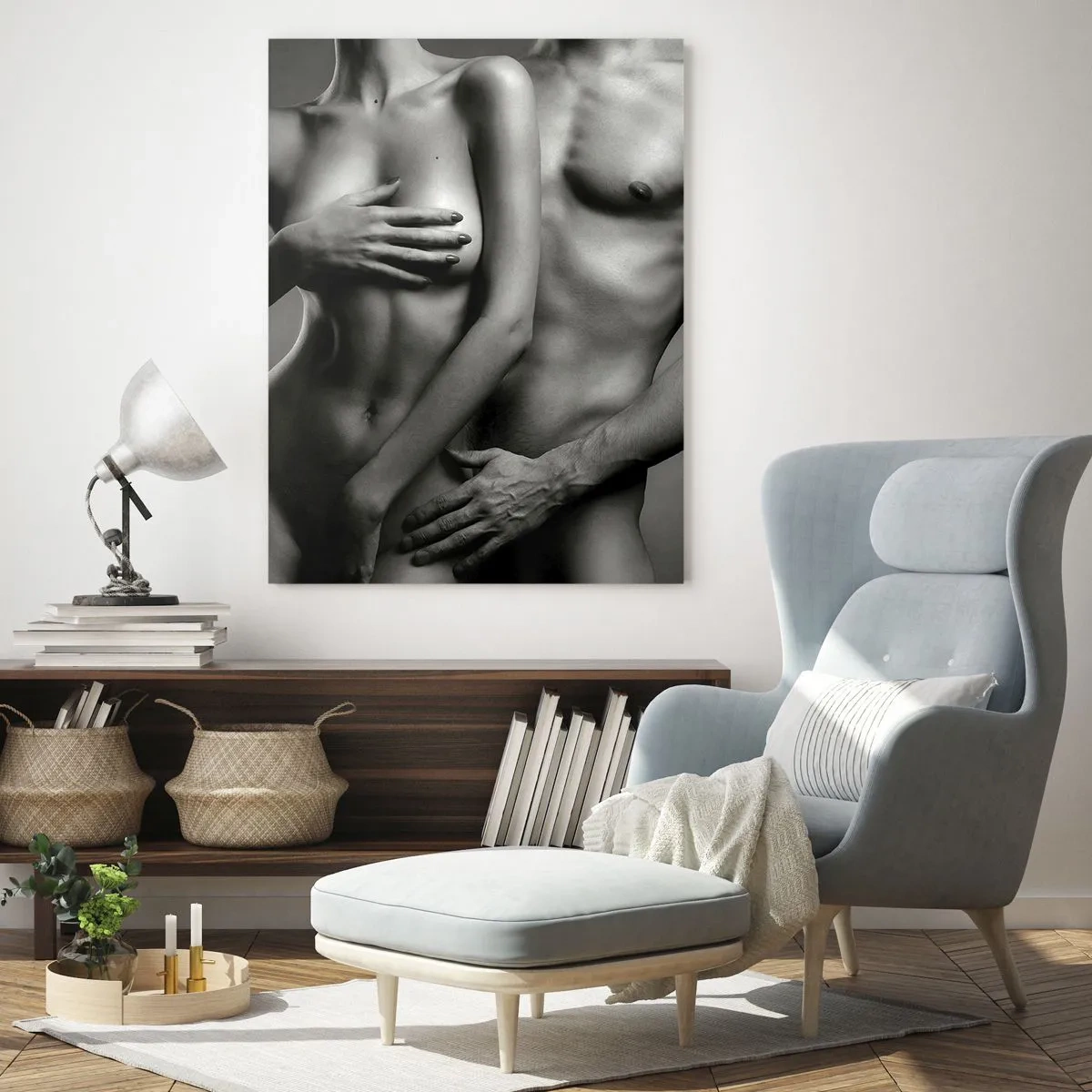 Glasbild - Bild auf glas - Schwarz-Weiß-Komposition mit nackten Silhouetten eines Paares - 50x70cm - Adam und Ewa - Moderne Wanddekoration für Wohnzimmer und Schlafzimmer ARTTOR