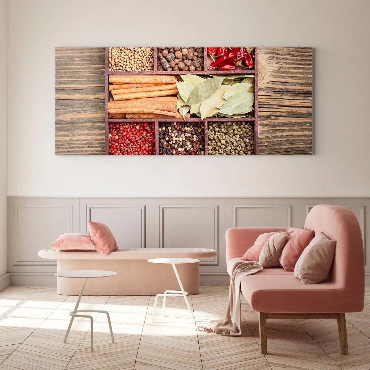 Glasbild - Bild auf glas - Holzkiste mit verschiedenen Gewürzen in Fächern - 160x50cm - Ordnung der Formen, Bouquet von Aromen - Moderne Wanddekoration für Wohnzimmer und Schlafzimmer ARTTOR