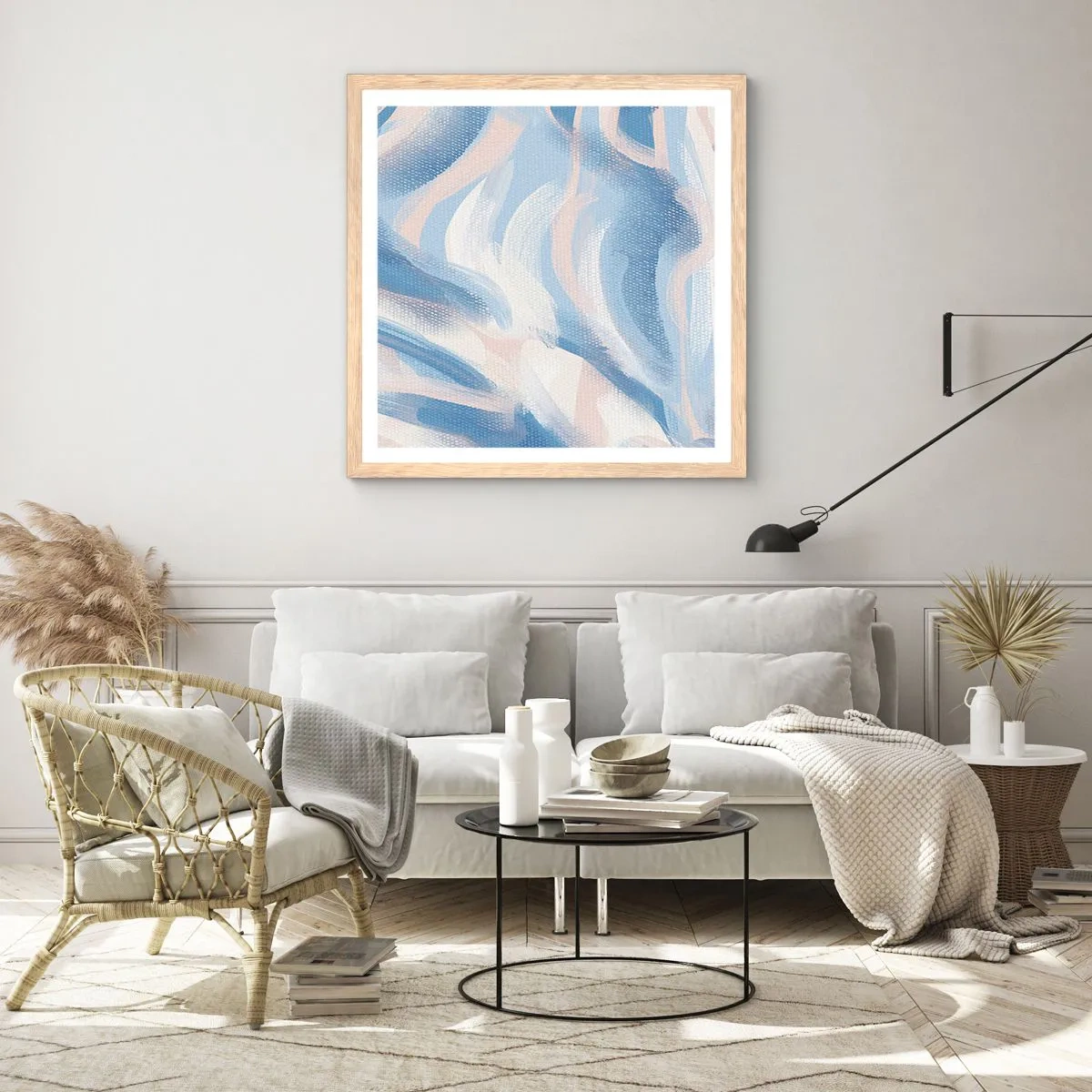 Poster in einem Rahmen aus heller Eiche - Blaue Wellen - 30x30 cm