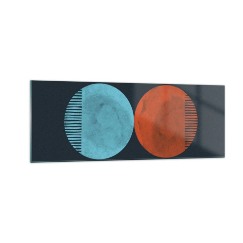 Glasbild - Bild auf glas - Minimalistisches Zweirad-Design in Blau und Orange - 140x50cm - Nur Geometrie? - Moderne Wanddekoration für Wohnzimmer und Schlafzimmer ARTTOR