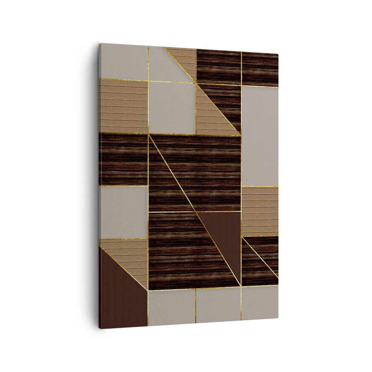 Bild auf Leinwand - Leinwandbild - Geometrische Muster in Brauntönen mit goldenen Linien - 50x70cm - Ein Mosaik aus Braun und Gold - Moderne Wanddekoration für Wohnzimmer und Schlafzimmer ARTTOR