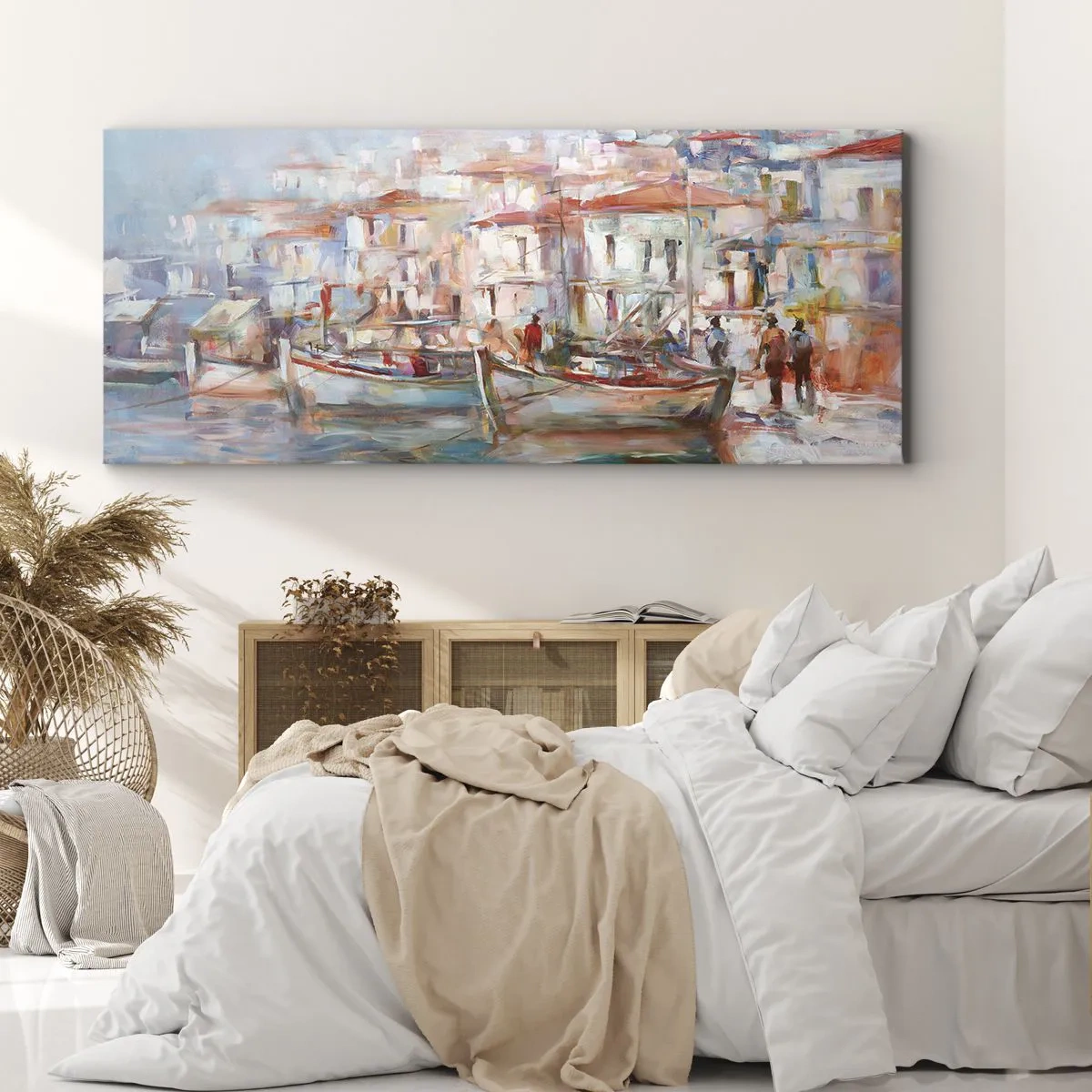 Bild auf Leinwand - Leinwandbild - Hafenimpression mit Booten und Gebäuden - 140x50cm - Pastell-Sommerferien - Moderne Wanddekoration für Wohnzimmer und Schlafzimmer ARTTOR