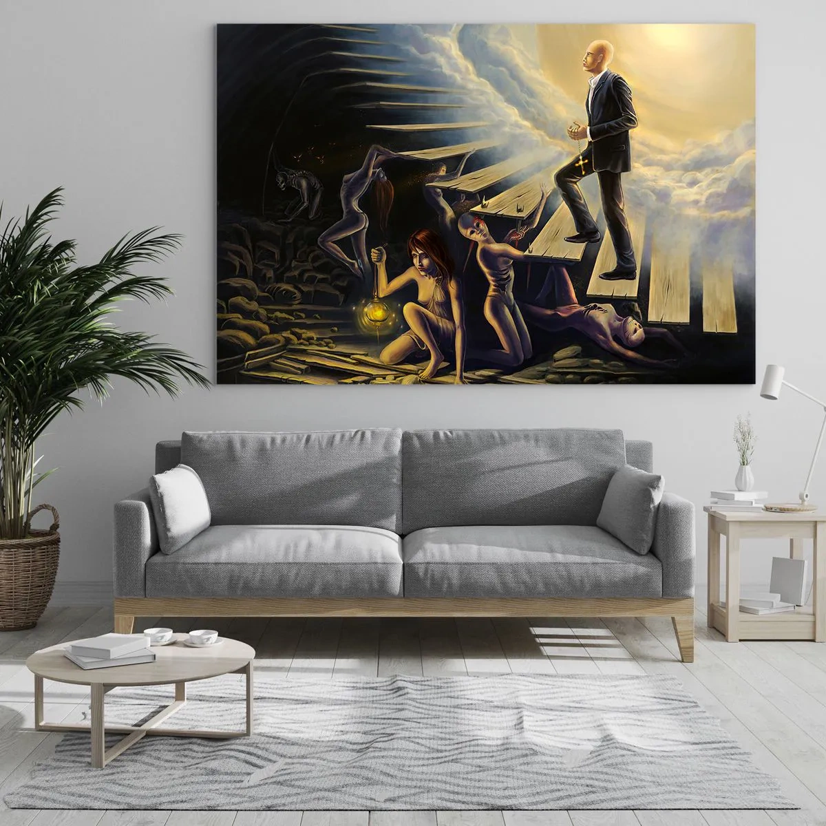 Glasbild - Bild auf glas - Symbolische Treppe zum Licht mit surrealistischen Figuren - 120x80cm - Danteske Reise zum Licht - Moderne Wanddekoration für Wohnzimmer und Schlafzimmer ARTTOR
