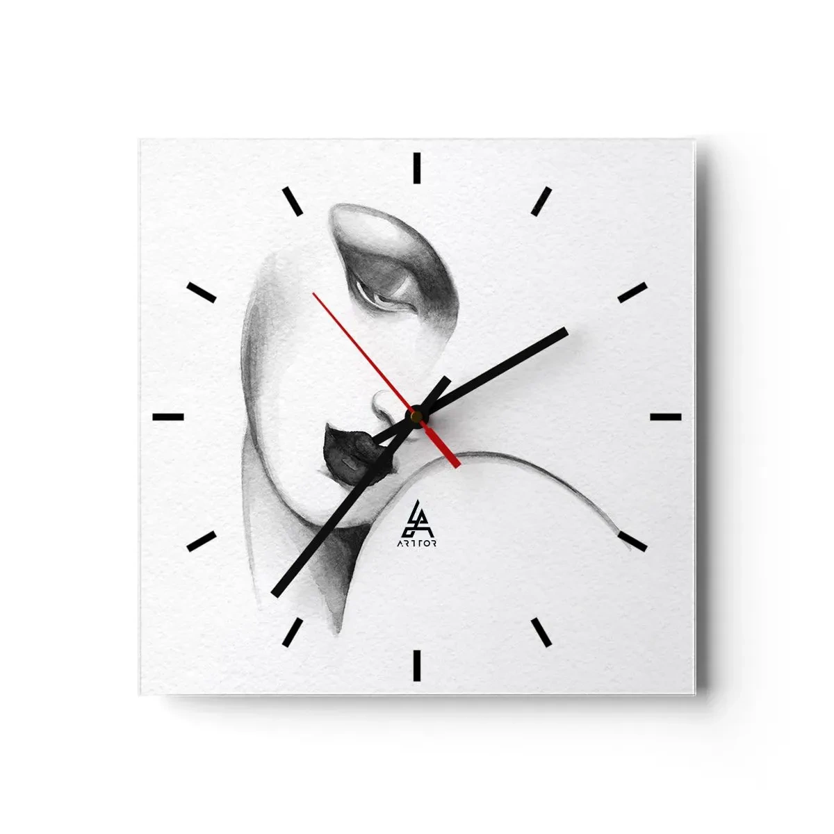 Wanduhr - Glasuhr - Ein subtiles Frauenporträt im monochromen Stil - 30x30cm - Im Stil von Łempicka - Moderne Wanddekoration für Wohnzimmer und Schlafzimmer ARTTOR