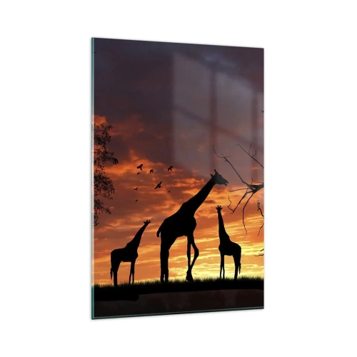 Glasbild - Bild auf glas - Silhouetten von Giraffen vor dem Hintergrund des afrikanischen Sonnenuntergangs - 80x120cm - Ein kleines Abendessen mit deinen Liebsten - Moderne Wanddekoration für Wohnzimmer und Schlafzimmer ARTTOR