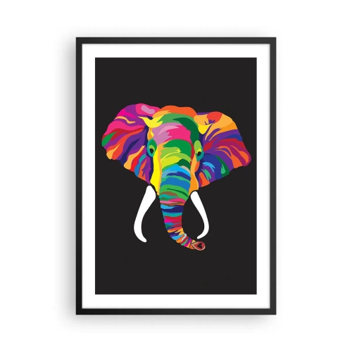 Poster in einem schwarzem Rahmen - Ein buntes Bild eines Elefanten auf schwarzem Hintergrund - 50x70cm - Der Elefant, der es liebte, im Regenbogen zu baden - Moderne Wanddekoration für Wohnzimmer und Schlafzimmer ARTTOR