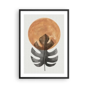 Poster in einem schwarzem Rahmen - Ein Monstera-Blatt vor einem warmen orangefarbenen Kreis - 50x70cm - Immer die Sonne - Moderne Wanddekoration für Wohnzimmer und Schlafzimmer ARTTOR