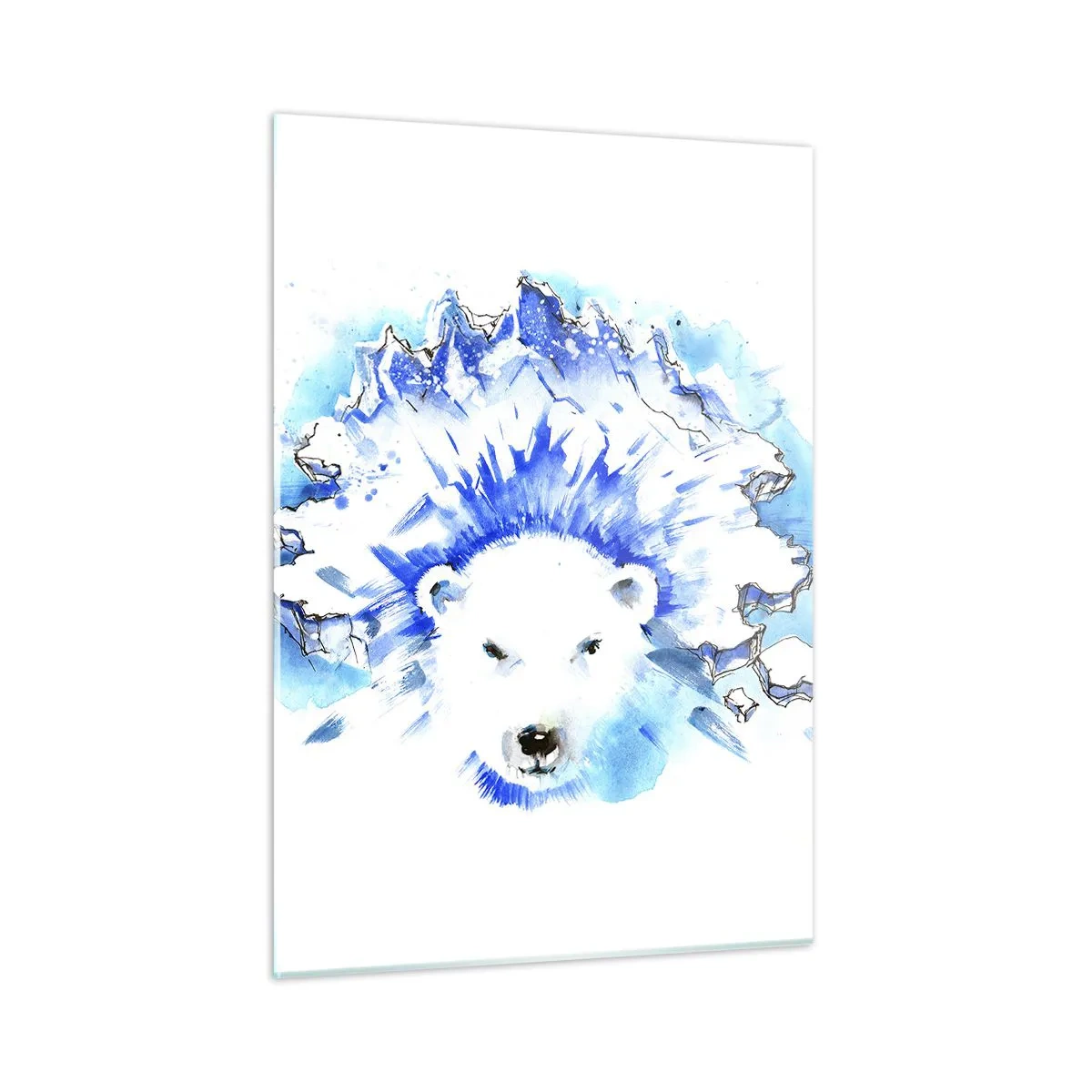 Glasbild - Bild auf glas - Ein Eisbär vor dem Hintergrund eisiger Berge in Blautönen. - 50x70cm - Der König der Arktis in einer Eiskrone - Moderne Wanddekoration für Wohnzimmer und Schlafzimmer ARTTOR