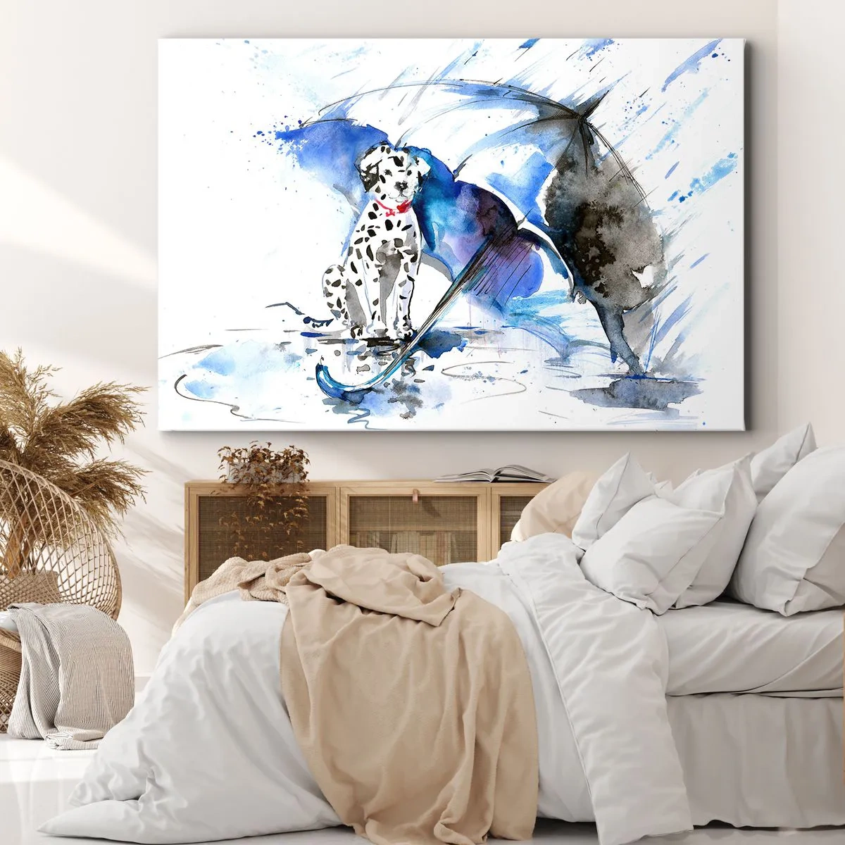 Bild auf Leinwand - Leinwandbild - Aquarellmalerei eines Dalmatiners mit einem Regenschirm im Hintergrund - 70x50cm - Dafür ist ein Freund da - Moderne Wanddekoration für Wohnzimmer und Schlafzimmer ARTTOR