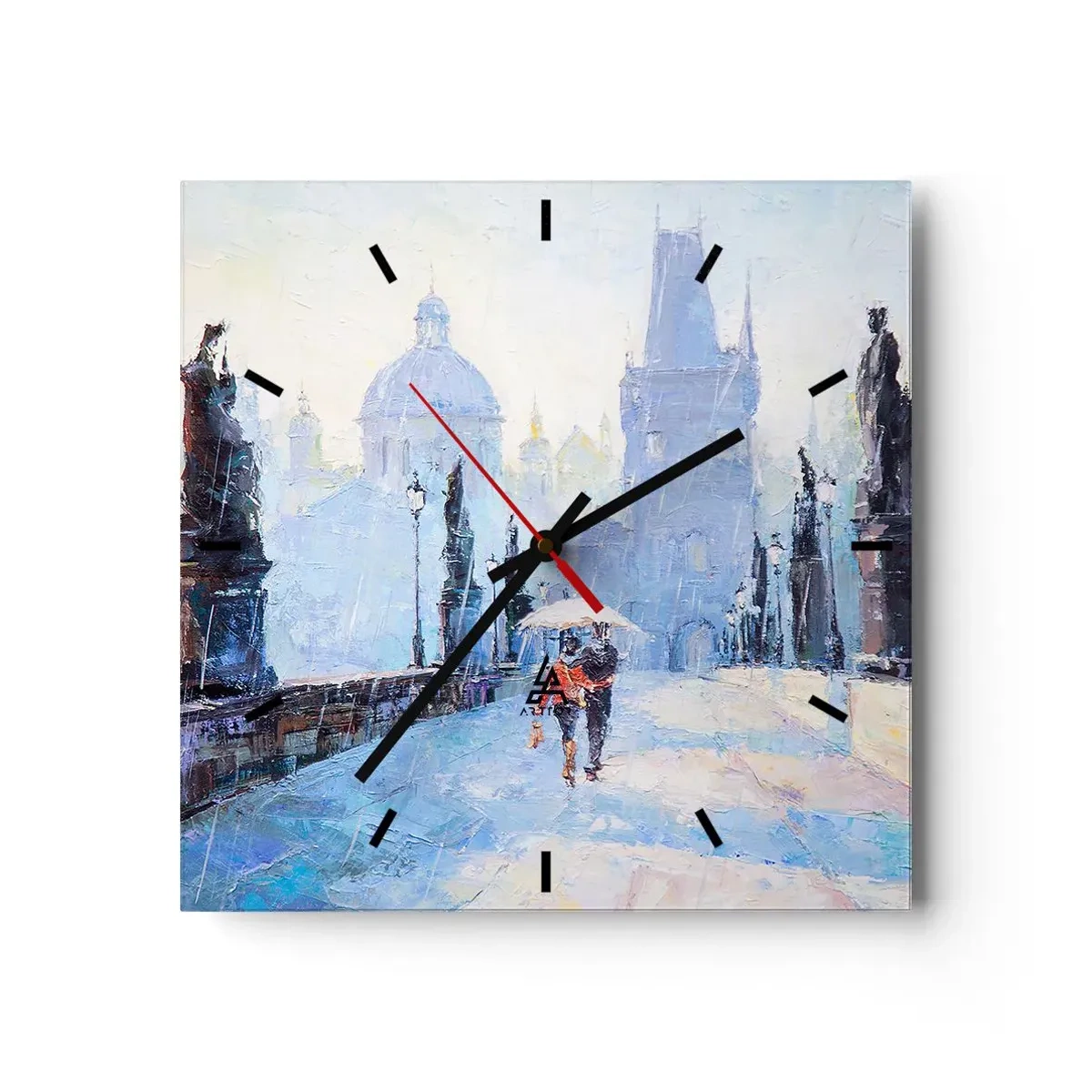 Wanduhr - Glasuhr - Romantisches Paar auf einer Brücke im Regen, eine malerische Szene - 30x30cm - Der Regen muss uns verzaubert haben - Moderne Wanddekoration für Wohnzimmer und Schlafzimmer ARTTOR