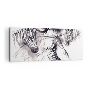Bild auf Leinwand - Leinwandbild - Eine Frau in einem dynamischen Tanz mit Zebras in einer Schwarz-Weiß-Ästhetik - 120x50cm - Tanzen mit den Zebras - Moderne Wanddekoration für Wohnzimmer und Schlafzimmer ARTTOR