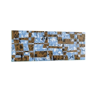 Glasbild - Bild auf glas - Eine abstrakte Komposition aus Rechtecken in Braun- und Blautönen. - 140x50cm - Ein nicht-menschlicher Ausschnitt - Moderne Wanddekoration für Wohnzimmer und Schlafzimmer ARTTOR