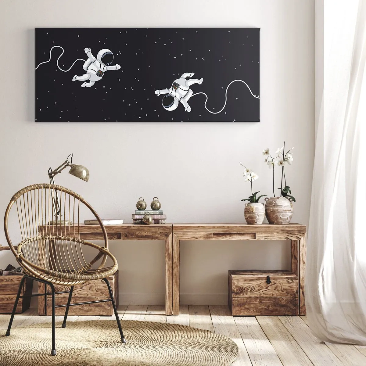 Bild auf Leinwand - Leinwandbild - Astronauten schweben im Weltraum vor dem Hintergrund der Sterne - 160x50cm - Kosmischer Tanz - Moderne Wanddekoration für Wohnzimmer und Schlafzimmer ARTTOR