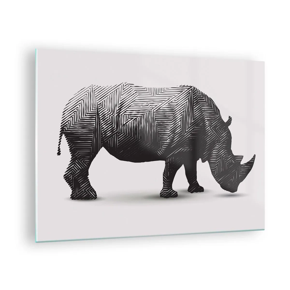 Glasbild - Bild auf glas - Schwarz-weißes Nashorn mit geometrischen Mustern - 70x50cm - Geometrische Schönheit der Natur - Moderne Wanddekoration für Wohnzimmer und Schlafzimmer ARTTOR