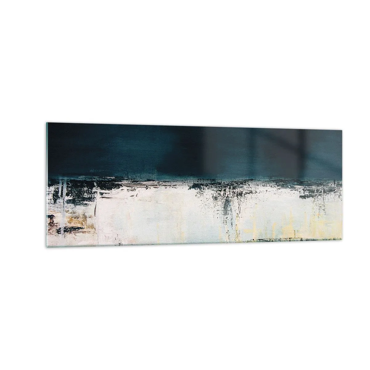 Glasbild - Bild auf glas - Abstrakte horizontale Komposition in Marineblau- und Weißtönen - 140x50cm - Horizontale Komposition - Moderne Wanddekoration für Wohnzimmer und Schlafzimmer ARTTOR