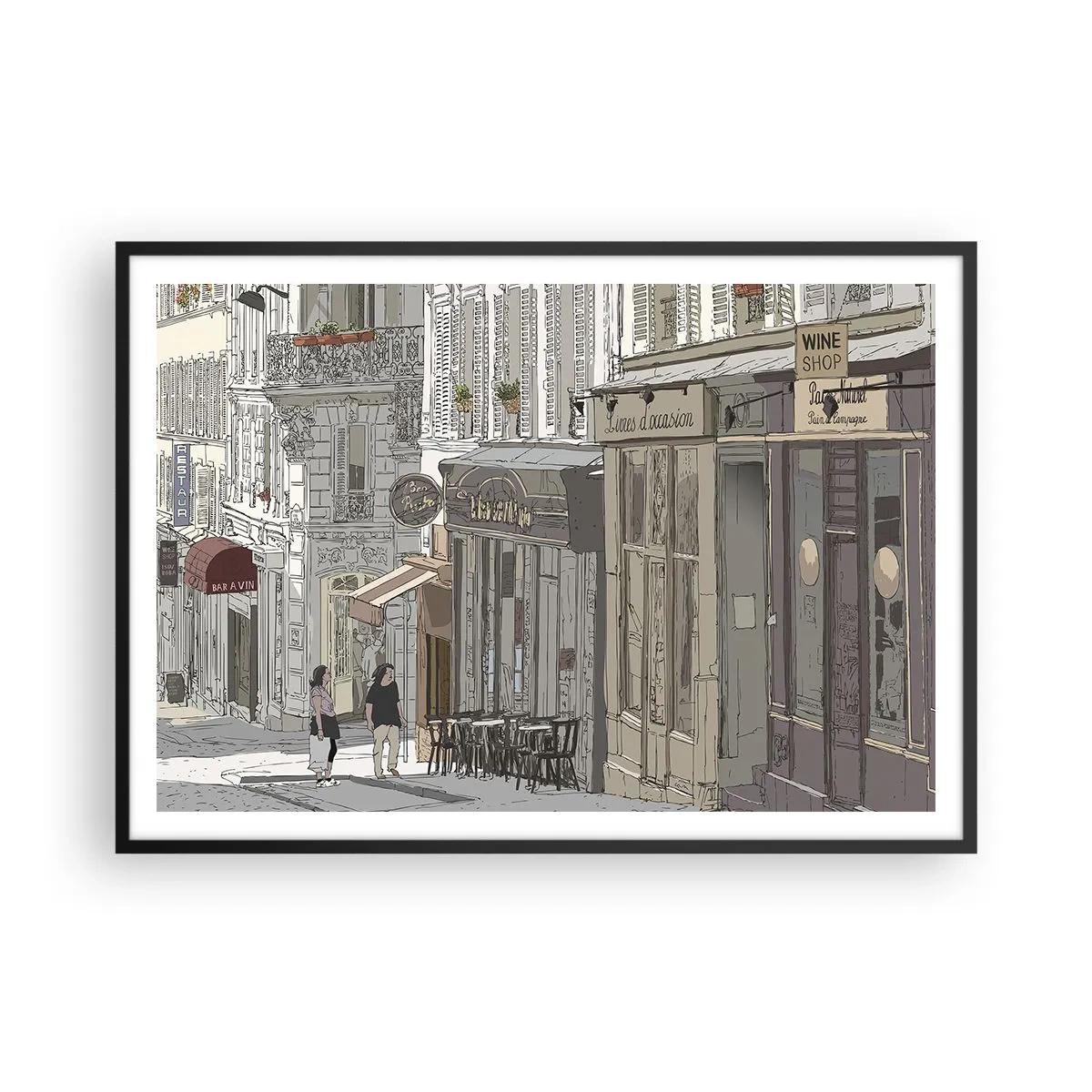 Poster in einem schwarzem Rahmen - Abbildung einer Stadtstraße mit Cafés und Geschäften - 100x70cm - Stadtfreuden - Moderne Wanddekoration für Wohnzimmer und Schlafzimmer ARTTOR