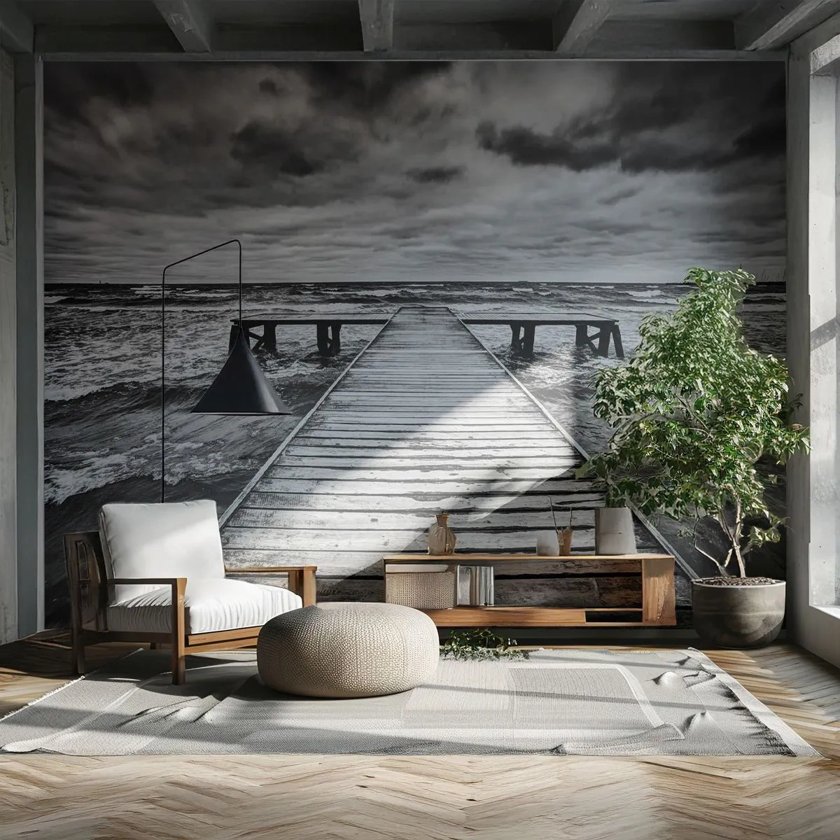 Maßgeschneiderte Fototapete Premium Canvas - Ich warte darauf, dass der Wind wegjagt... - Landschaft, Holzbrücke, Meer