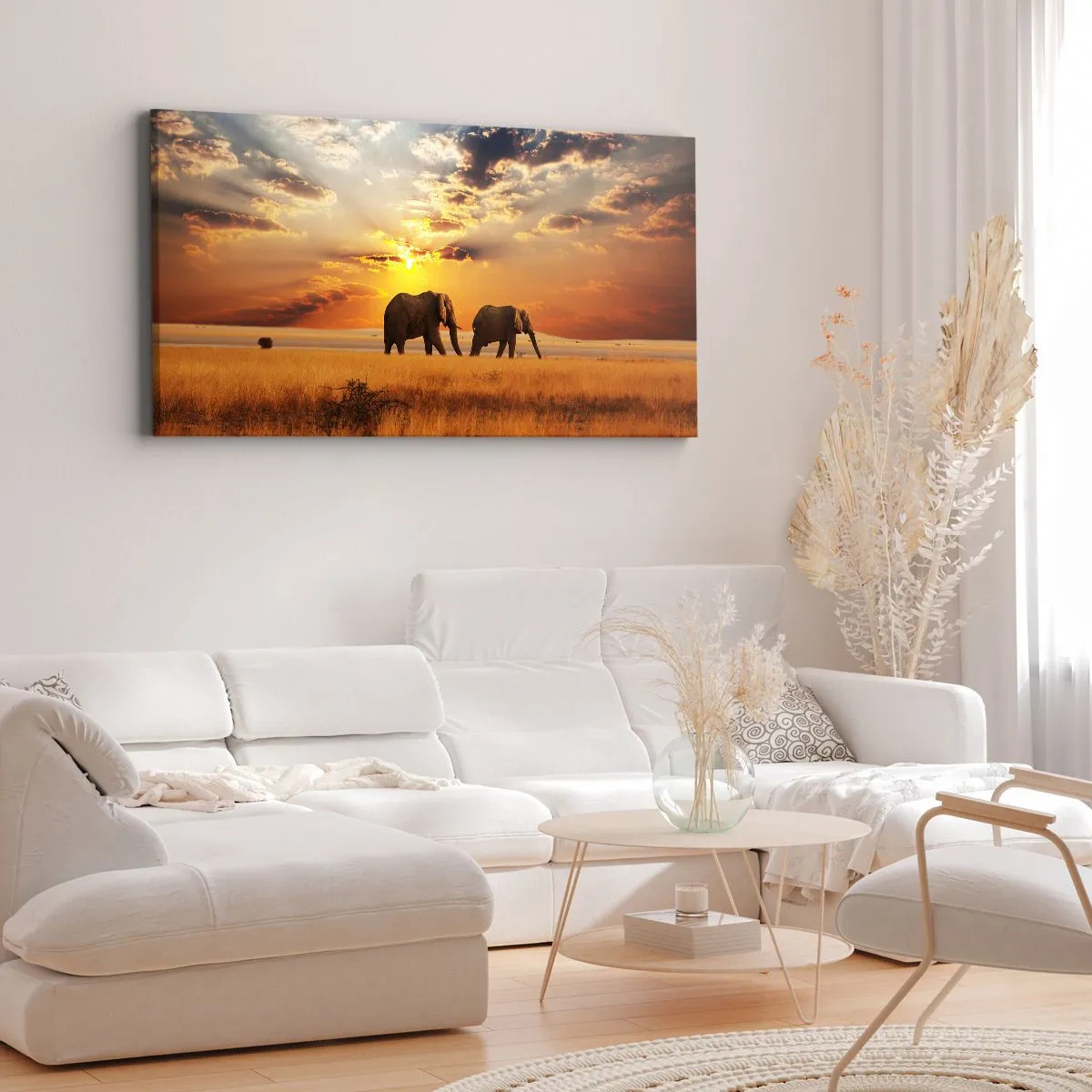 Bild auf Leinwand - Leinwandbild - Elefanten in der Savanne bei Sonnenuntergang - 140x50cm - Familienspaziergang - Moderne Wanddekoration für Wohnzimmer und Schlafzimmer ARTTOR