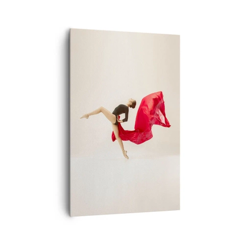 Bild auf Leinwand - Leinwandbild - Eine dynamische Tänzerin in schwarzem Outfit und rotem Stoff in Bewegung. - 80x120cm - Rot und Schwarz - Moderne Wanddekoration für Wohnzimmer und Schlafzimmer ARTTOR