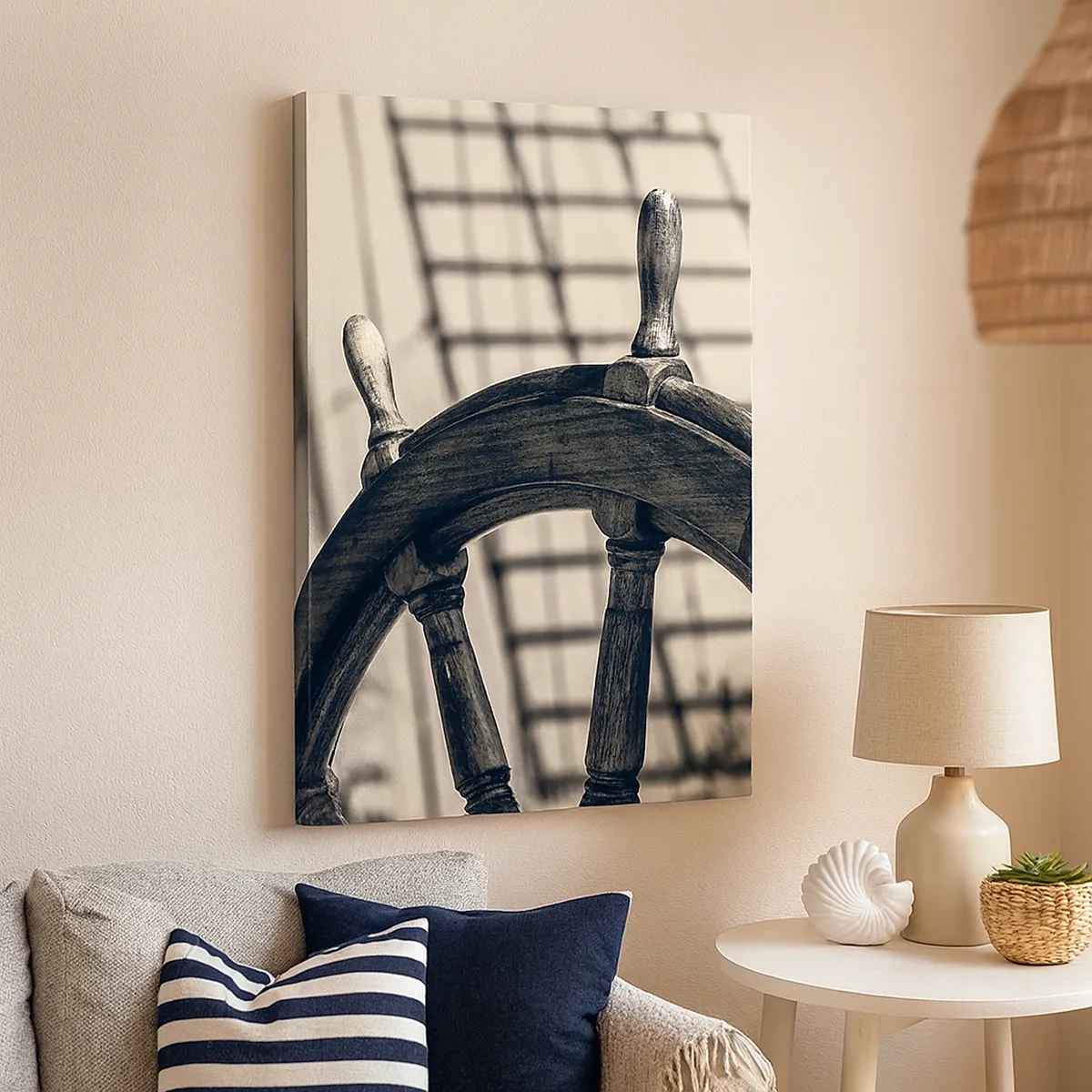 Bild auf Leinwand - Leinwandbild - Ein Segelruder im Retro-Stil mit einem Schiff im Hintergrund - 50x70cm - Meeresgeschichten - Moderne Wanddekoration für Wohnzimmer und Schlafzimmer ARTTOR