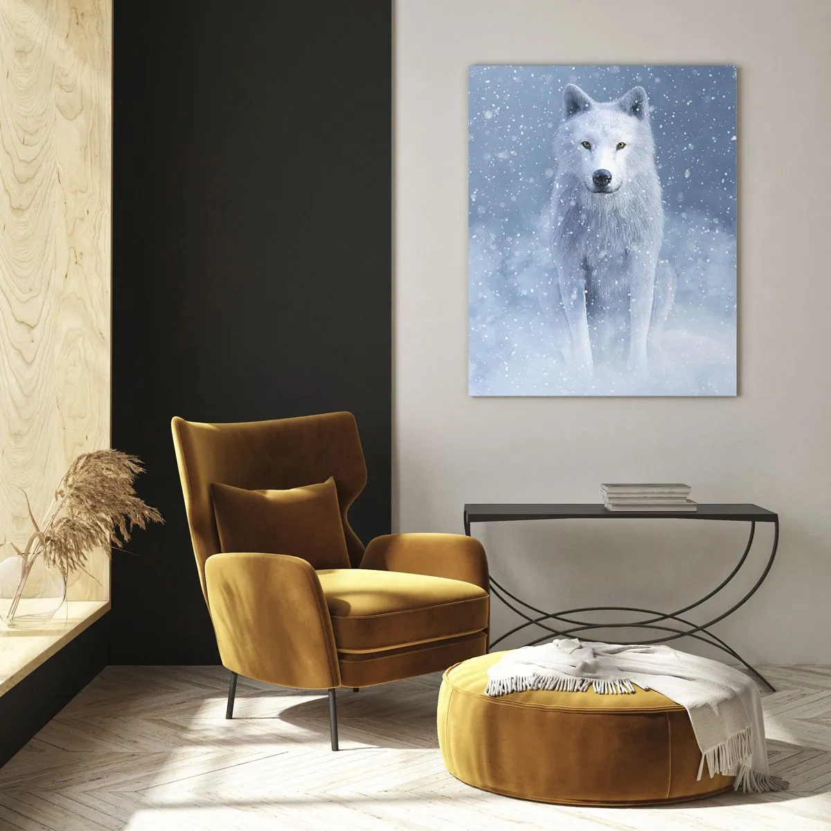 Glasbild - Bild auf glas - Ein weißer Wolf in einem Schneesturm, der geradeaus schaut - 50x70cm - In Winterstimmung - Moderne Wanddekoration für Wohnzimmer und Schlafzimmer ARTTOR