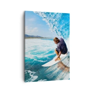 Bild auf Leinwand - Leinwandbild - Ein Surfer in dynamischer Pose auf einer Welle im türkisfarbenen Wasser. - 50x70cm - Tanzen mit den Wellen - Moderne Wanddekoration für Wohnzimmer und Schlafzimmer ARTTOR