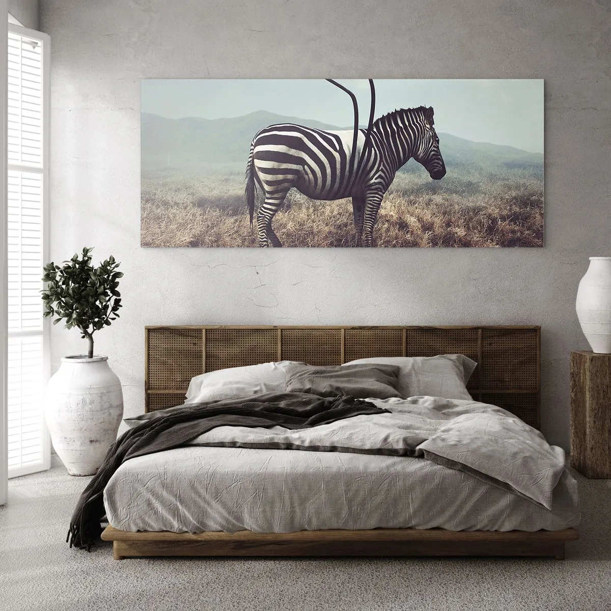 Glasbild - Bild auf glas - Ein surreales Zebra vor einer grasbewachsenen Landschaft - 120x50cm - Achtung! Fehler - Moderne Wanddekoration für Wohnzimmer und Schlafzimmer ARTTOR