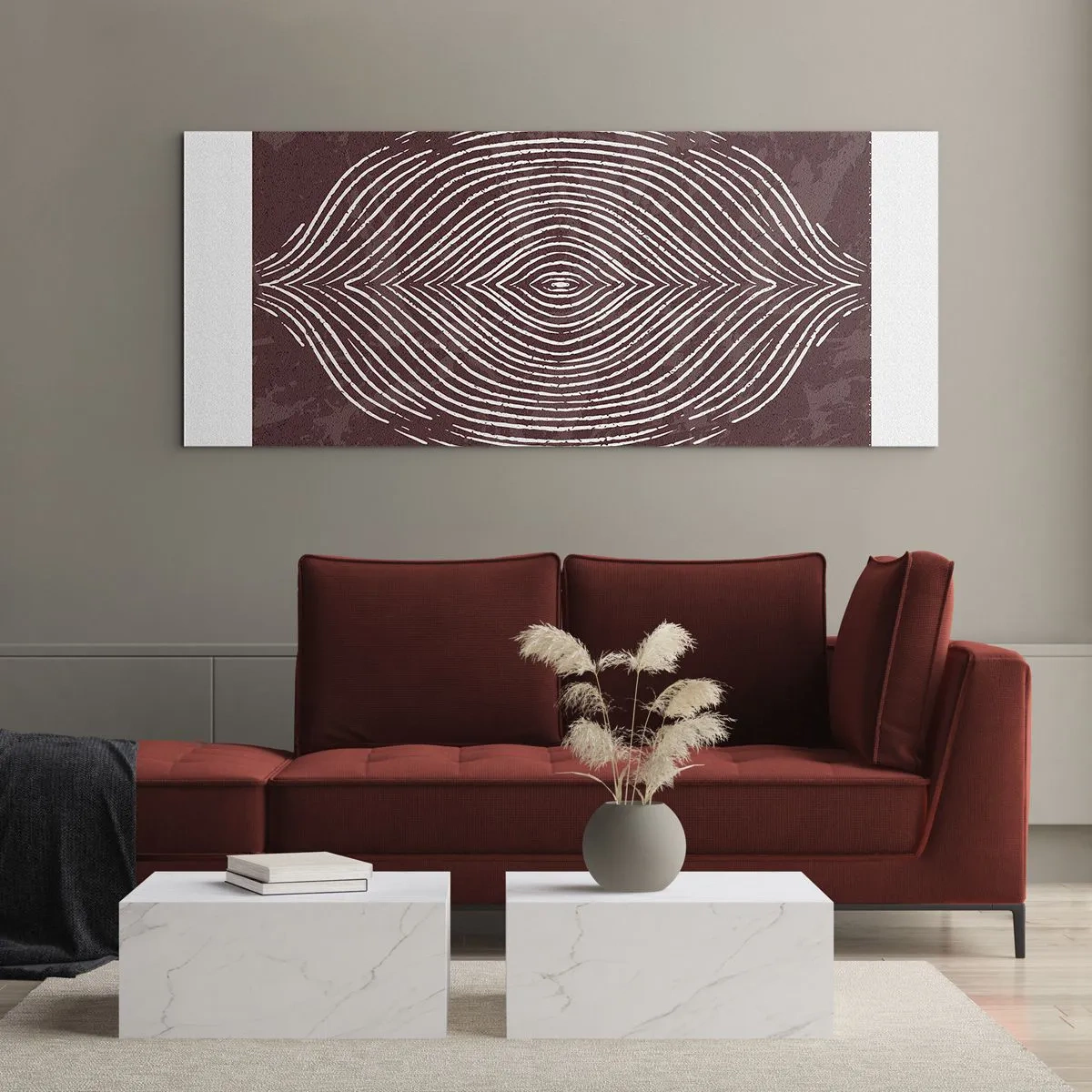 Glasbild - Bild auf glas - Symmetrische Wellen in weißen Linien auf braunem Hintergrund - 140x50cm - Der Raum spricht - Moderne Wanddekoration für Wohnzimmer und Schlafzimmer ARTTOR