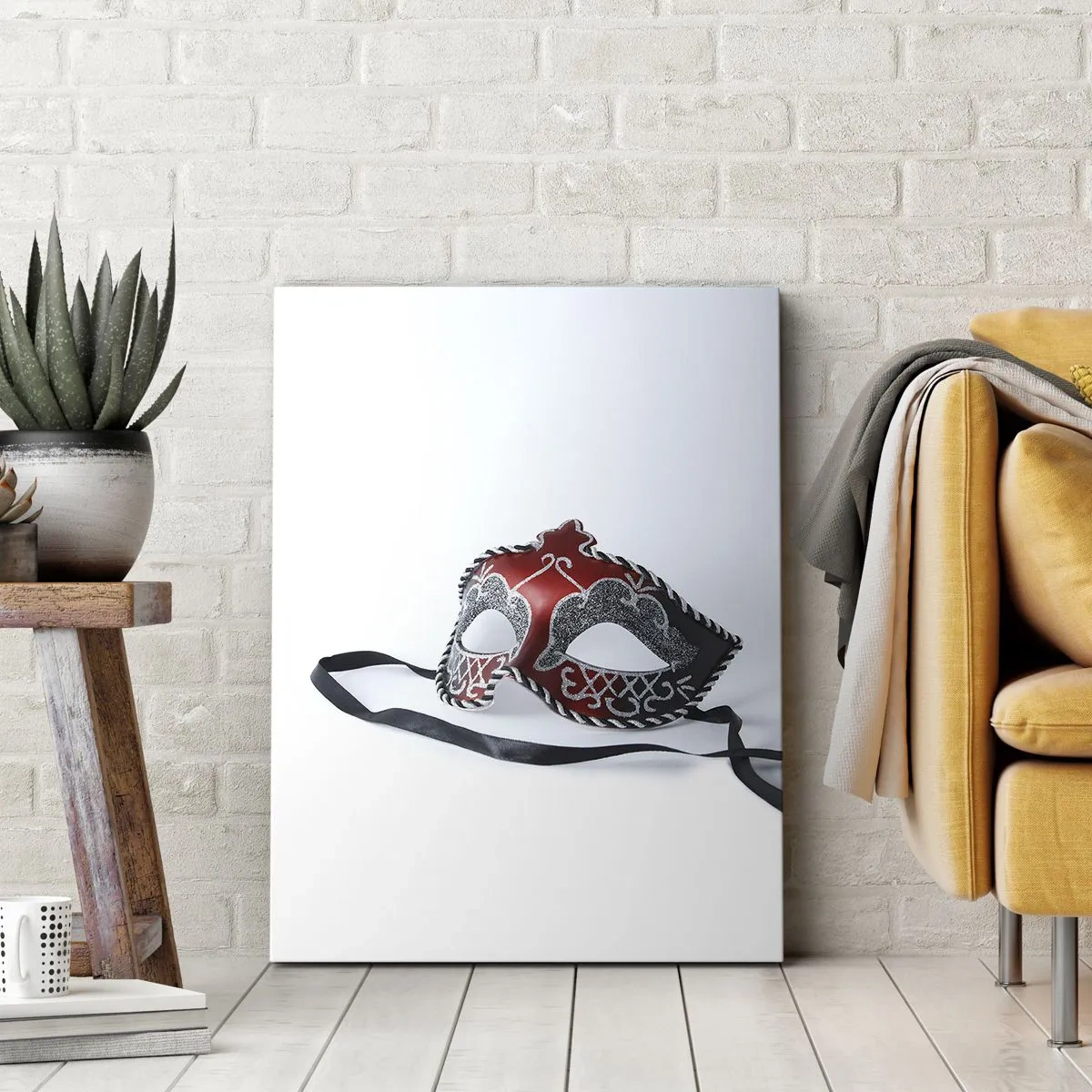 Bild auf Leinwand - Leinwandbild - Rote Karnevalsmaske auf hellem Hintergrund - 50x70cm - Einladung zum Abschlussball - Moderne Wanddekoration für Wohnzimmer und Schlafzimmer ARTTOR