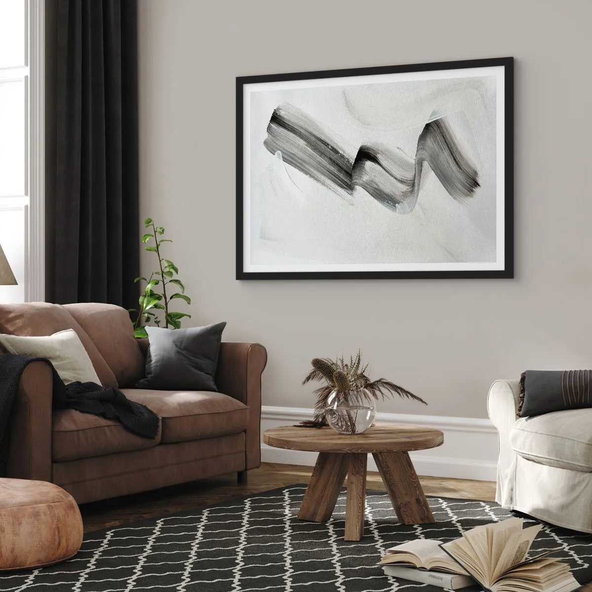 Poster in einem schwarzem Rahmen - Abstrakter schwarz-weißer Pinselstrich auf hellem Hintergrund - 70x50cm - Lässig zum Spaß - Moderne Wanddekoration für Wohnzimmer und Schlafzimmer ARTTOR
