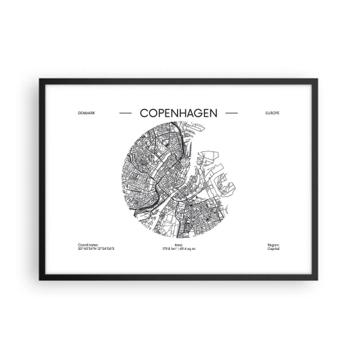 Poster in einem schwarzem Rahmen - Eine Karte von Kopenhagen im minimalistischen Schwarz-Weiß-Stil. - 70x50cm - Anatomie von Kopenhagen - Moderne Wanddekoration für Wohnzimmer und Schlafzimmer ARTTOR