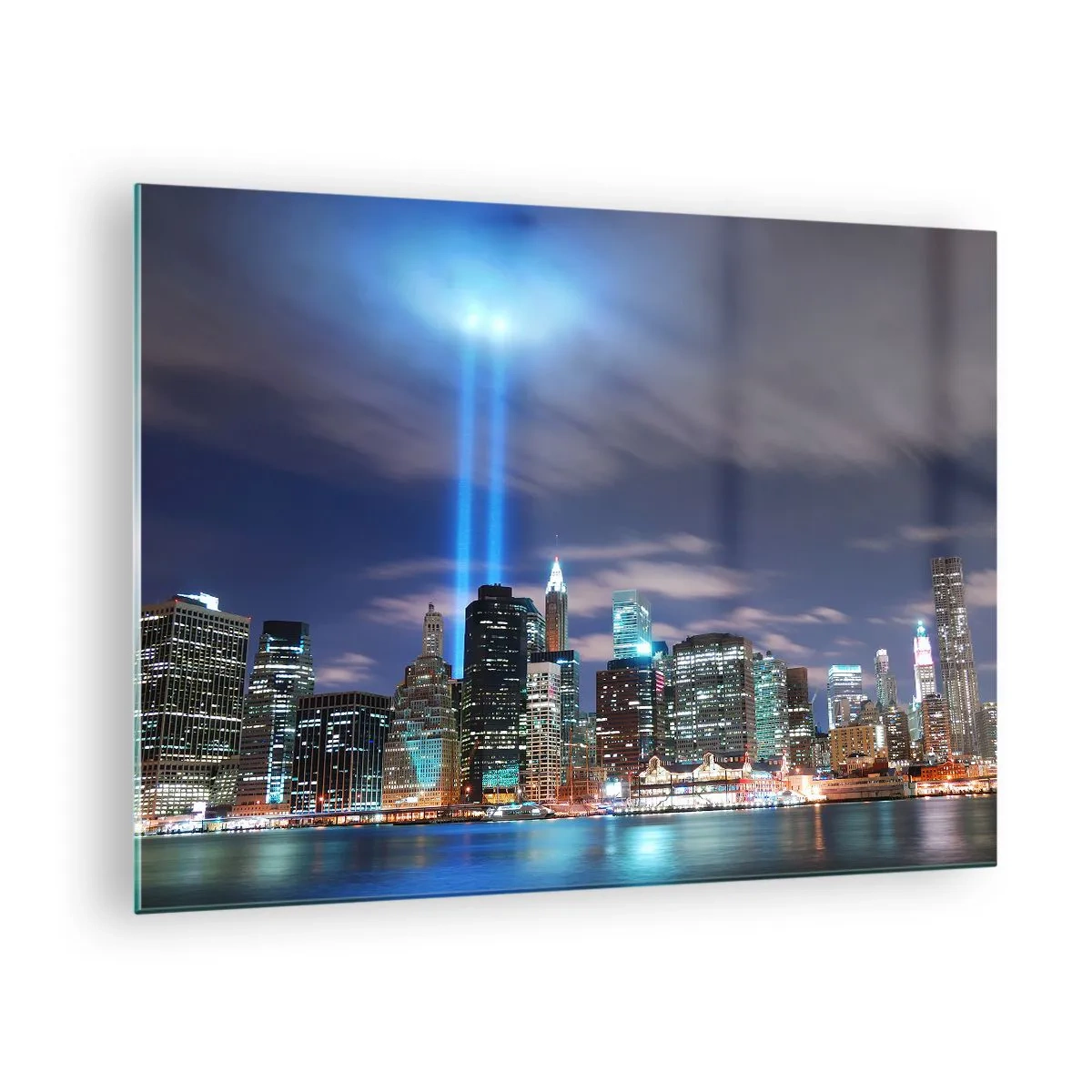 Glasbild - Bild auf glas - Abendpanorama der Stadt mit Scheinwerfern - 70x50cm - Erreiche den Himmel mit dem Licht - Moderne Wanddekoration für Wohnzimmer und Schlafzimmer ARTTOR