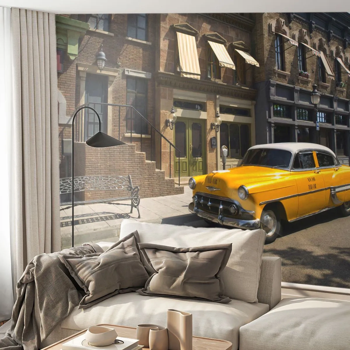 Fototapete Premium Sand - Ein gelbes klassisches Taxi vor einer Retro-Stadtkulisse - 100x70cm - Vor langer Zeit in Amerika - Moderne Wanddekoration für Wohnzimmer und Schlafzimmer ARTTOR