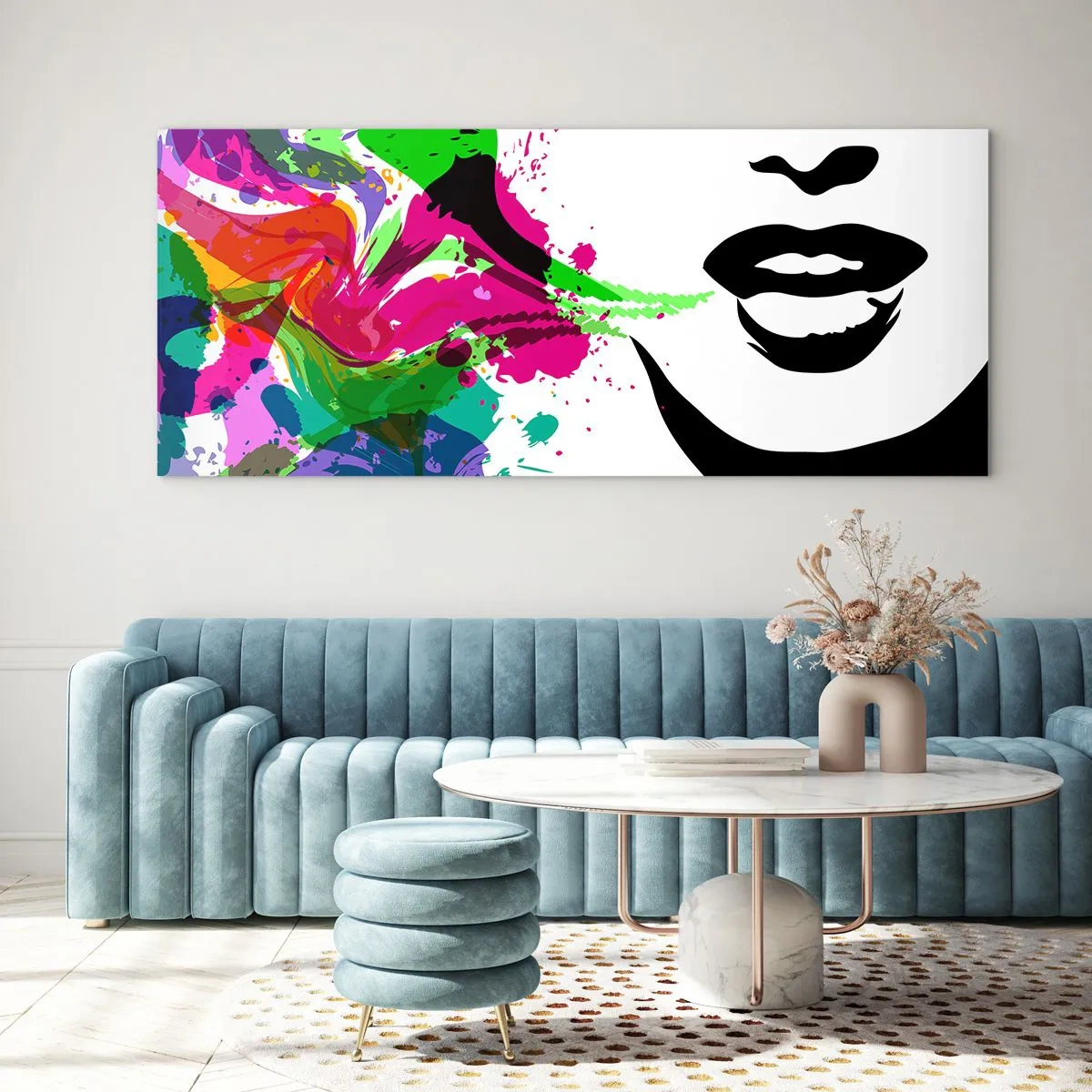 Glasbild - Bild auf glas - Farbenfrohes abstraktes Porträt mit dynamischen Formen - 160x50cm - Eine Geschichte in den Farben des Regenbogens - Moderne Wanddekoration für Wohnzimmer und Schlafzimmer ARTTOR