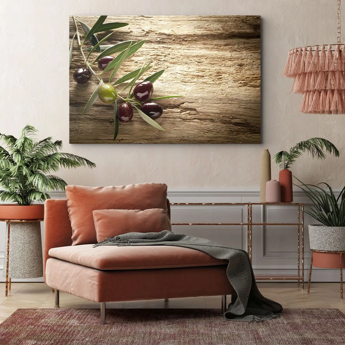 Bild auf Leinwand - Leinwandbild - Olivenzweig mit Früchten auf einem Hintergrund aus gealtertem Holz - 70x50cm - Direkt aus der Natur - Moderne Wanddekoration für Wohnzimmer und Schlafzimmer ARTTOR