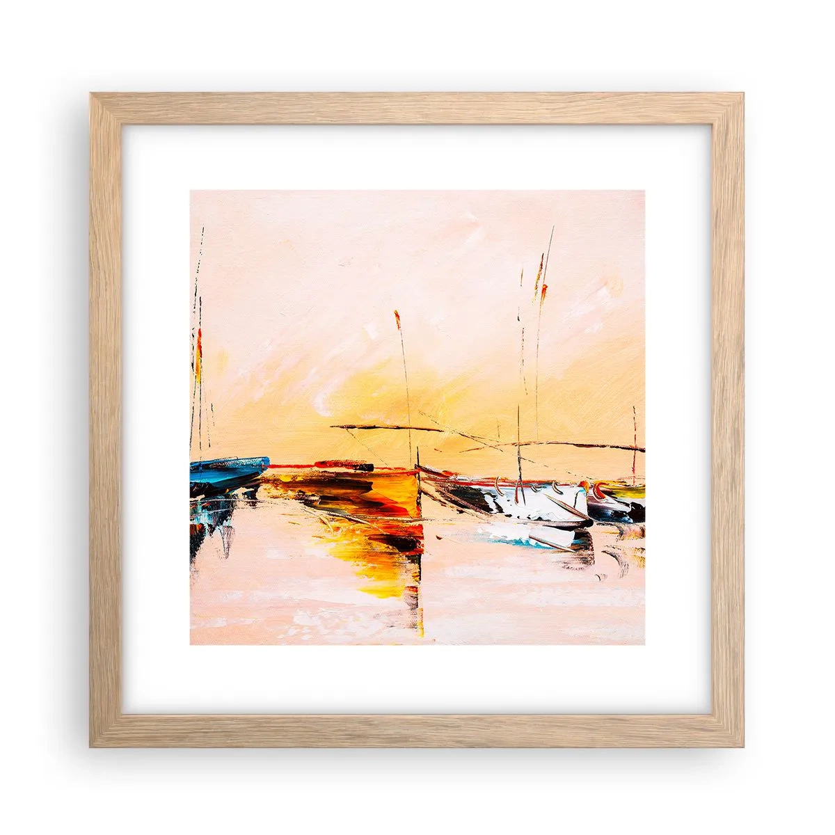 Poster in einem Rahmen aus heller Eiche - Abend im Yachthafen - 30x30 cm