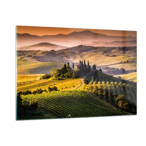 Glasbild - Bild auf glas - Toskanische Landschaft bei Sonnenaufgang - 120x80cm - Arkadien - die toskanische Landschaft - Moderne Wanddekoration für Wohnzimmer und Schlafzimmer ARTTOR