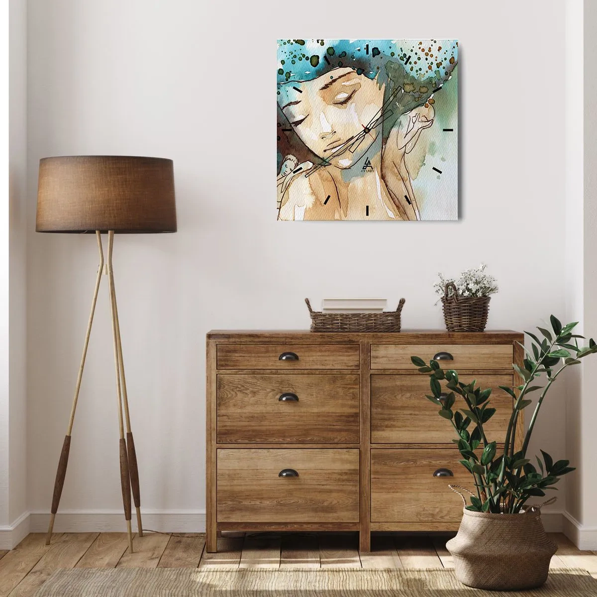 Wanduhr - Glasuhr - Porträt einer Frau in zarten Aquarellfarben - 30x30cm - Dame in Blau - Moderne Wanddekoration für Wohnzimmer und Schlafzimmer ARTTOR